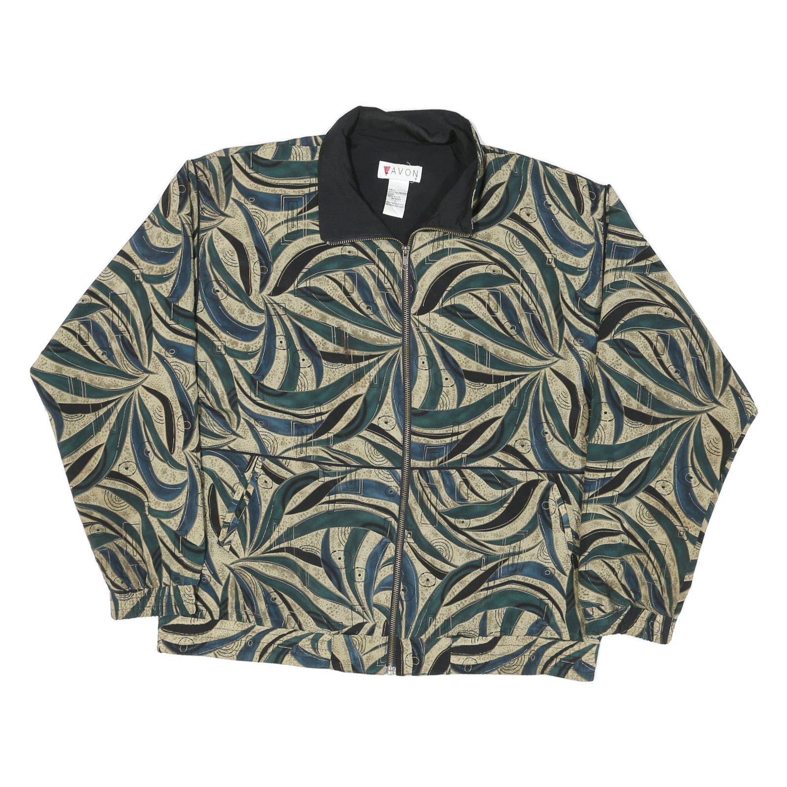 LAVON Womens Green Beige Abstract Pattern Nylon Jacket L Zip Classic Fit
