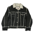 GUESS Womens Black Leather Button Jacket M Shearling Trim Contrast Stitching