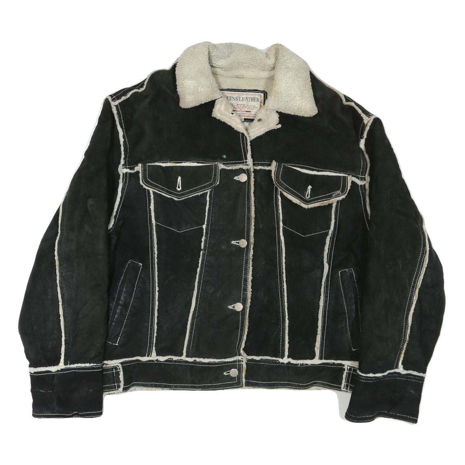 GUESS Womens Black Leather Button Jacket M Shearling Trim Contrast Stitching