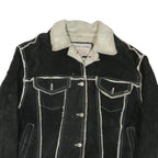 GUESS Womens Black Leather Button Jacket M Shearling Trim Contrast Stitching
