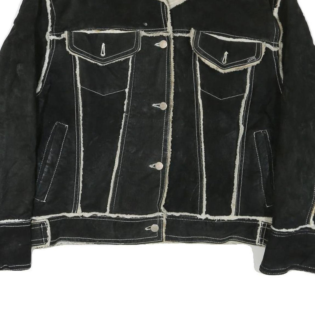 GUESS Womens Black Leather Button Jacket M Shearling Trim Contrast Stitching