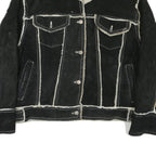GUESS Womens Black Leather Button Jacket M Shearling Trim Contrast Stitching