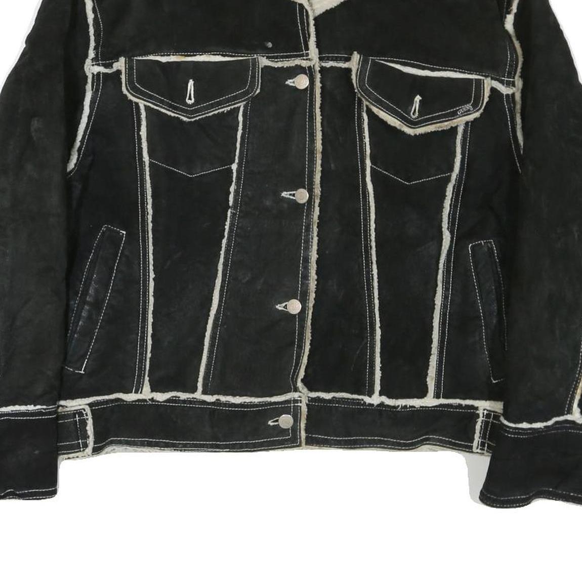 GUESS Womens Black Leather Button Jacket M Shearling Trim Contrast Stitching