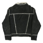 GUESS Womens Black Leather Button Jacket M Shearling Trim Contrast Stitching