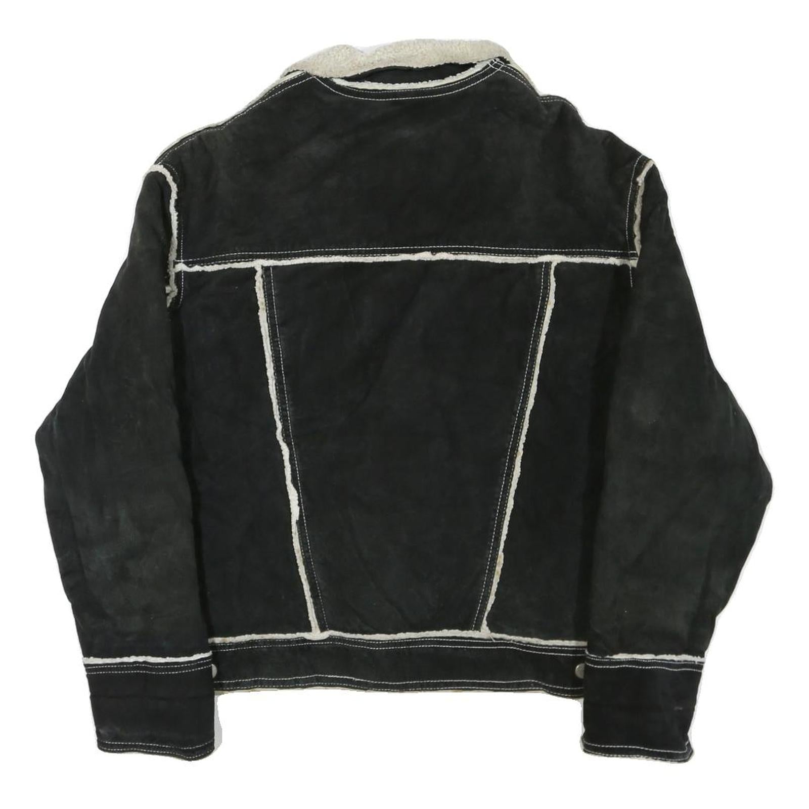 GUESS Womens Black Leather Button Jacket M Shearling Trim Contrast Stitching