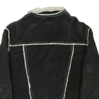 GUESS Womens Black Leather Button Jacket M Shearling Trim Contrast Stitching