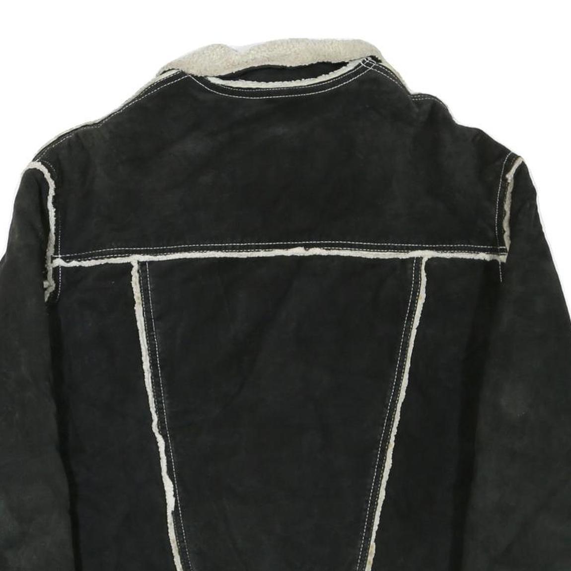 GUESS Womens Black Leather Button Jacket M Shearling Trim Contrast Stitching