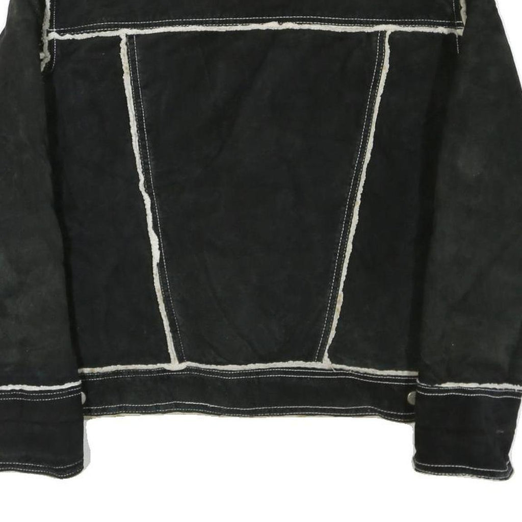 GUESS Womens Black Leather Button Jacket M Shearling Trim Contrast Stitching