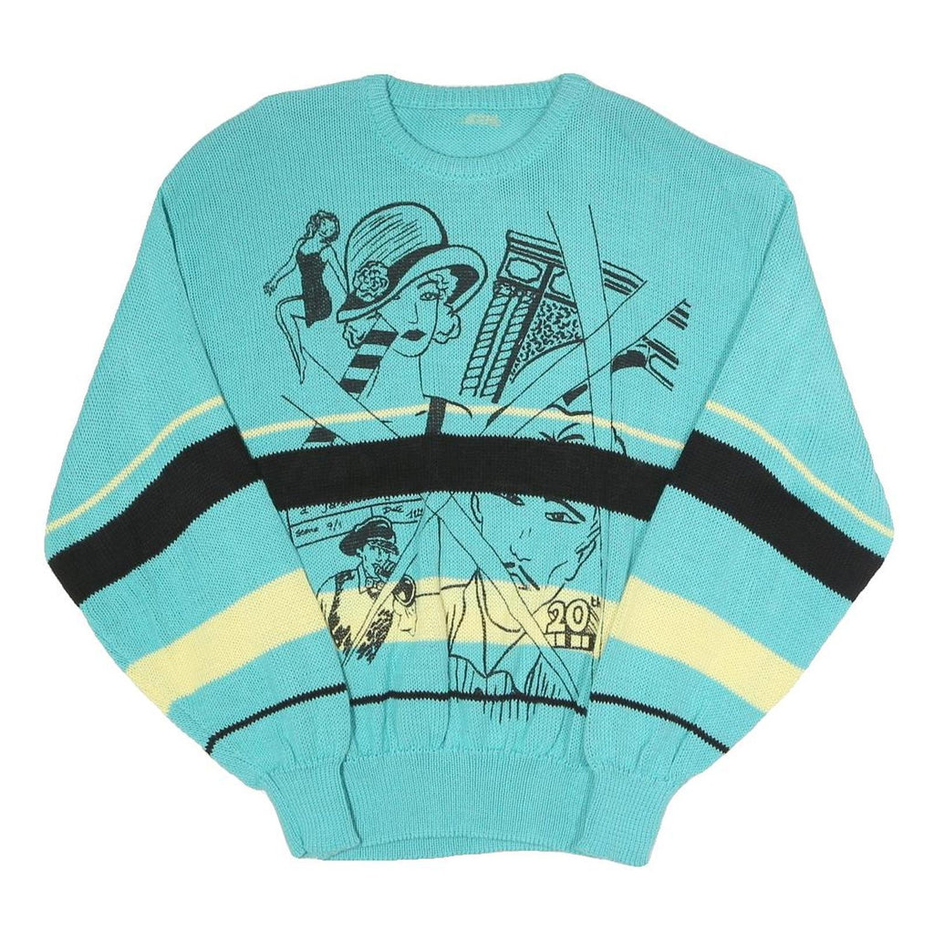 Womens Blue & Cream Cartoon Pattern Cotton Blend Patterned Crew Neck Basic Knit