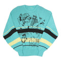 Womens Blue & Cream Cartoon Pattern Cotton Blend Patterned Crew Neck Basic Knit