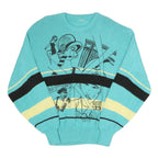 Womens Blue & Cream Cartoon Pattern Cotton Blend Patterned Crew Neck Basic Knit