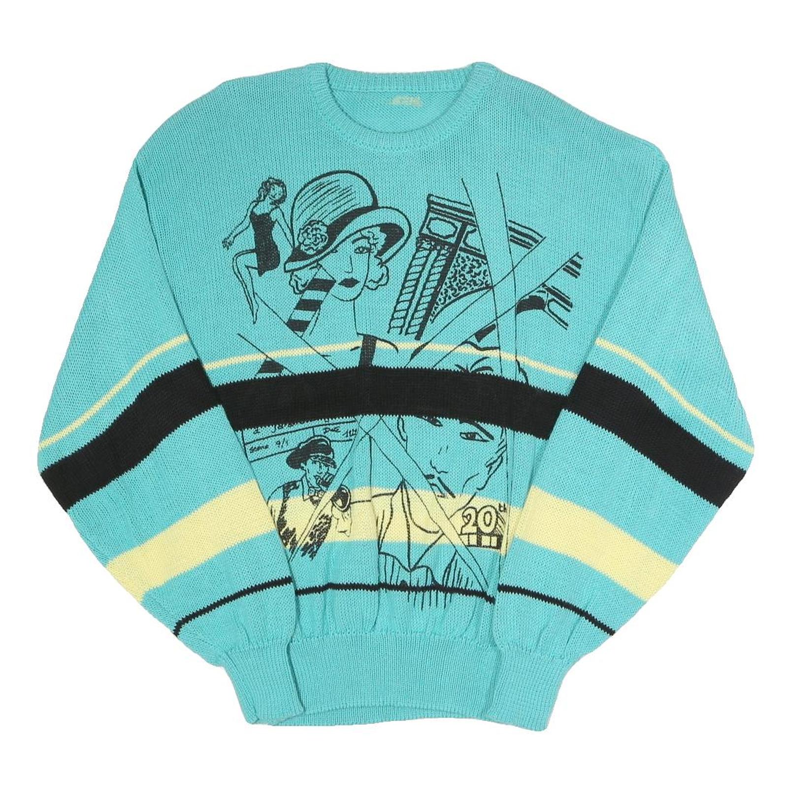 Womens Blue & Cream Cartoon Pattern Cotton Blend Patterned Crew Neck Basic Knit