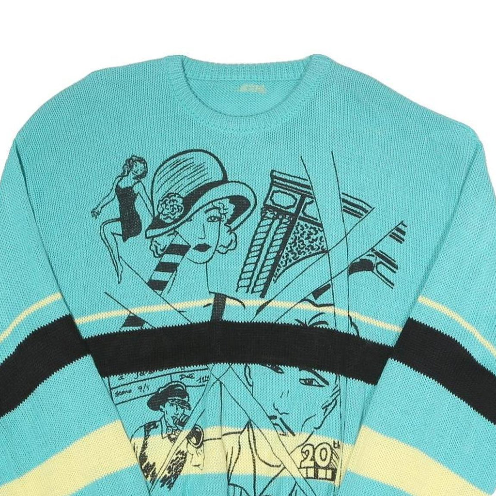 Womens Blue & Cream Cartoon Pattern Cotton Blend Patterned Crew Neck Basic Knit