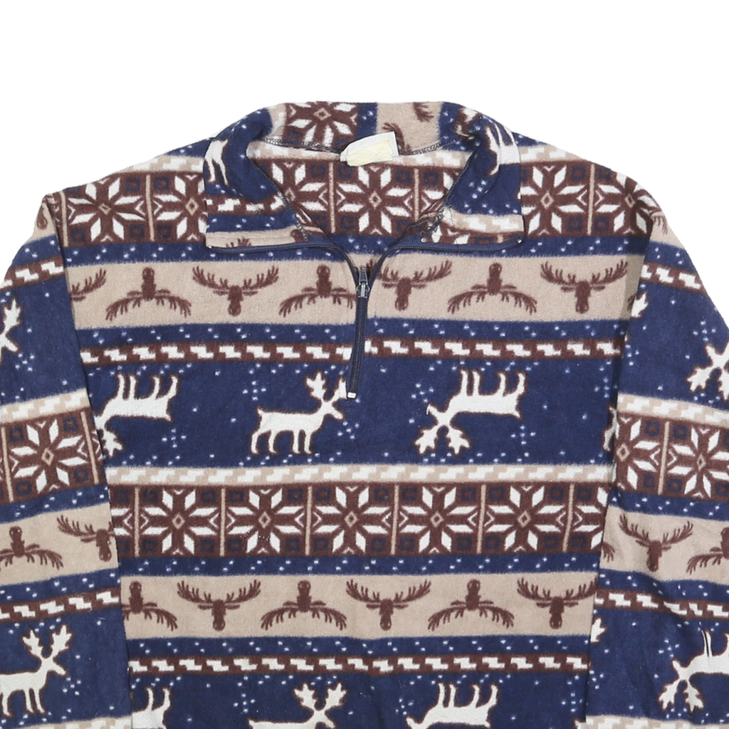 OUTBROOK Womens Blue Brown Cream Patterned Jumper 1/4 Zip Pullover M Reindeer