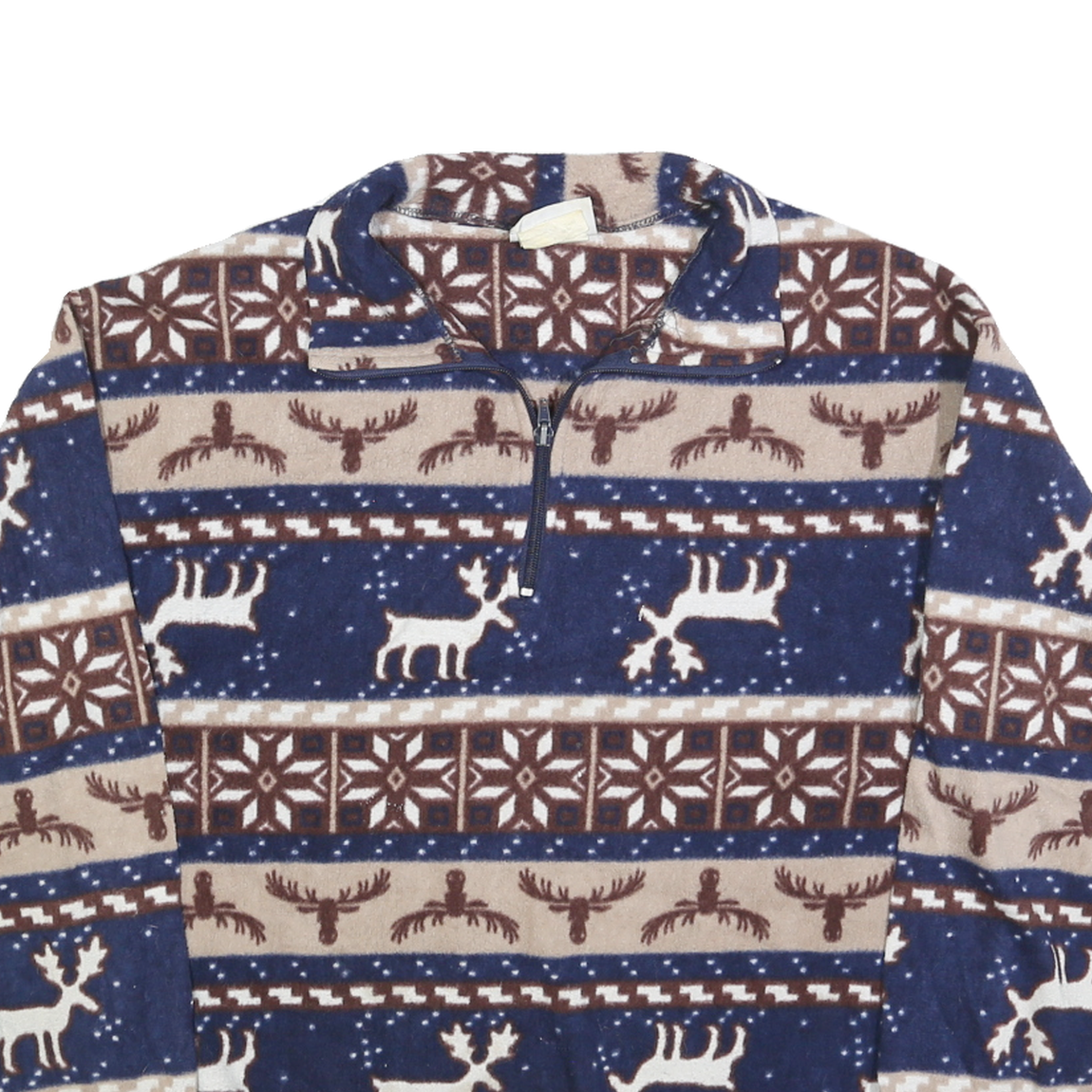 OUTBROOK Womens Blue Brown Cream Patterned Jumper 1/4 Zip Pullover M Reindeer