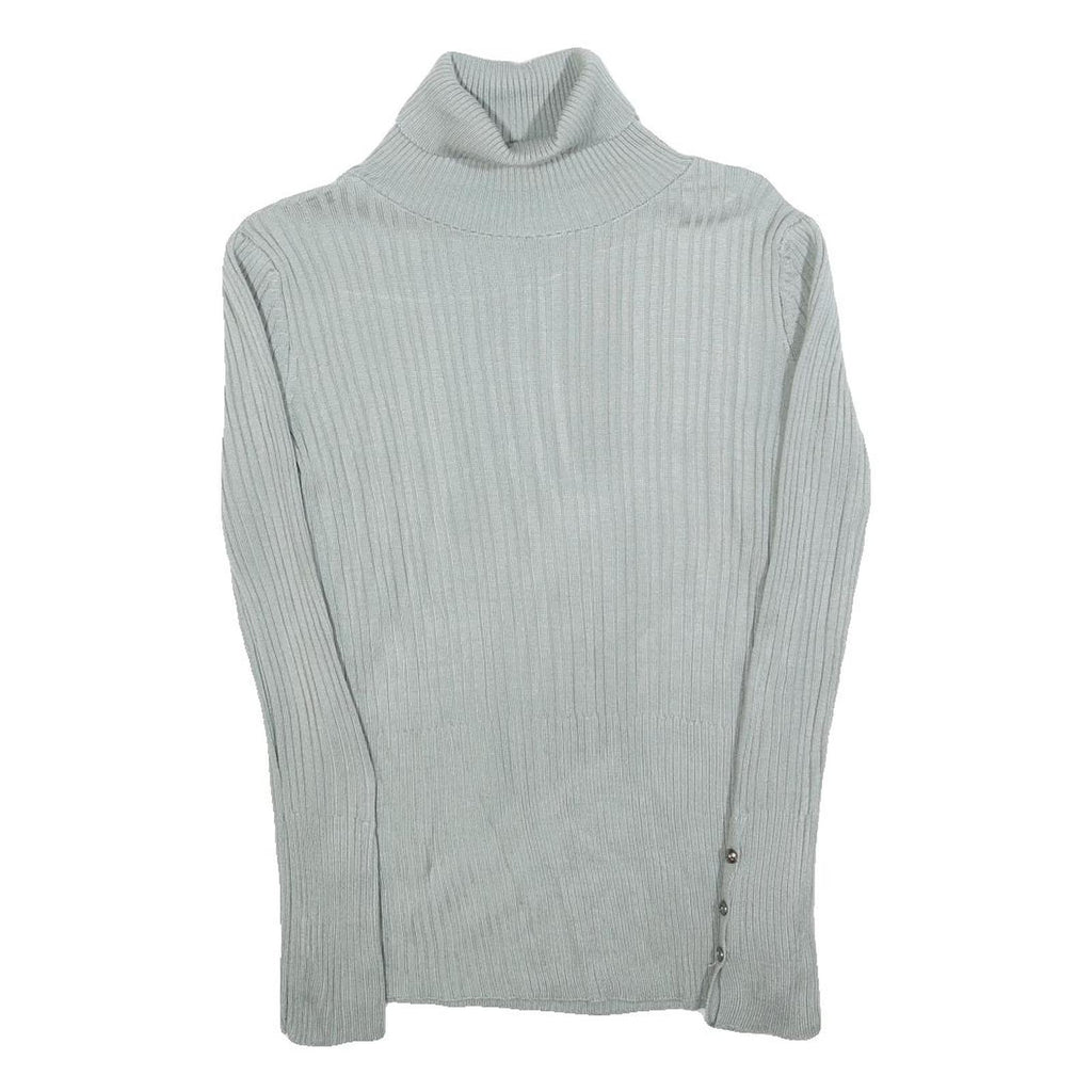 Womens Blue Plain Pullover Roll Neck Basic Knit Jumper M Ribbed Knit Silver