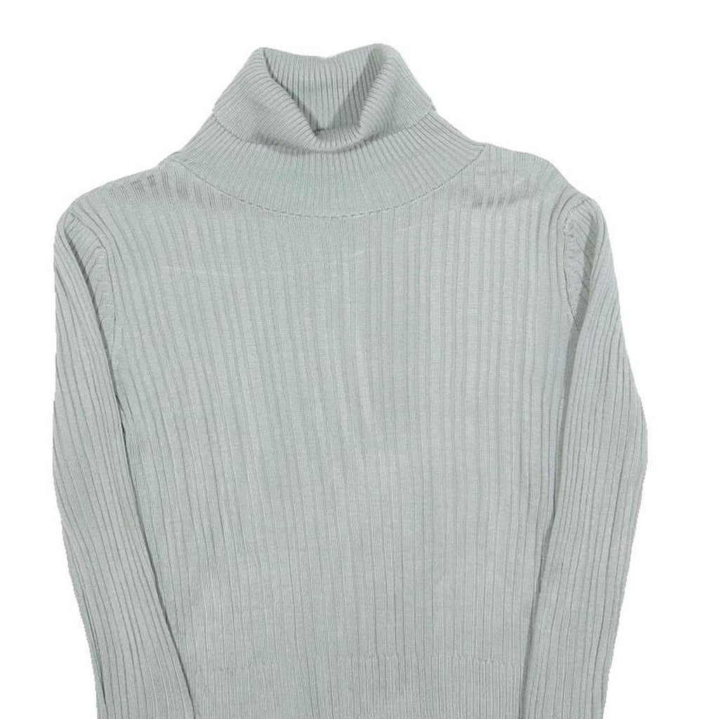 Womens Blue Plain Pullover Roll Neck Basic Knit Jumper M Ribbed Knit Silver