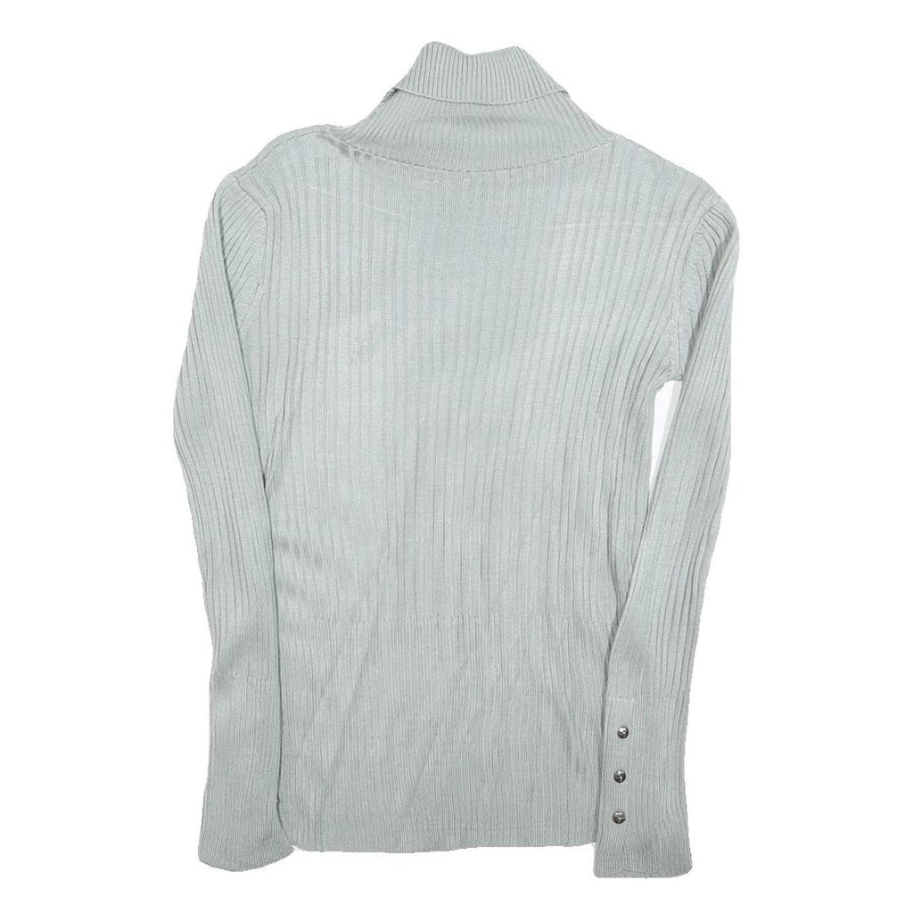 Womens Blue Plain Pullover Roll Neck Basic Knit Jumper M Ribbed Knit Silver