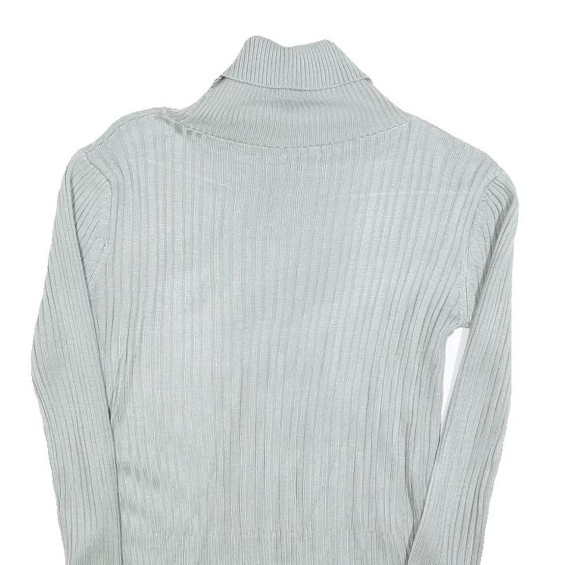 Womens Blue Plain Pullover Roll Neck Basic Knit Jumper M Ribbed Knit Silver