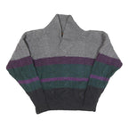 BOSTON TRADERS Mens Grey & Purple Patterned Wool Jumper Shawl Collar Cable Knit