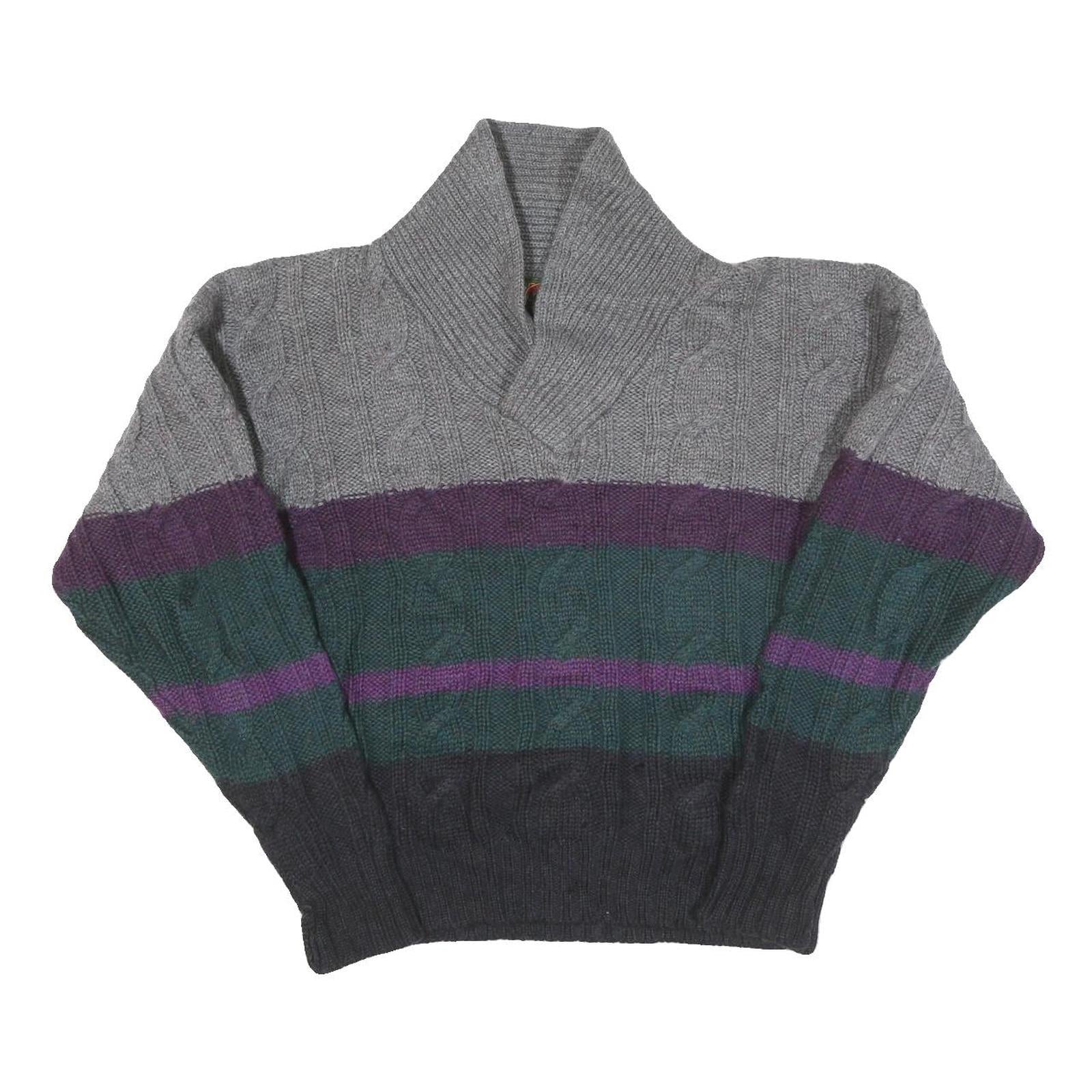 BOSTON TRADERS Mens Grey & Purple Patterned Wool Jumper Shawl Collar Cable Knit