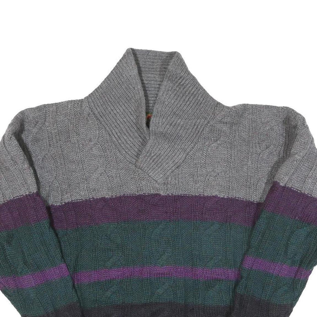 BOSTON TRADERS Mens Grey & Purple Patterned Wool Jumper Shawl Collar Cable Knit