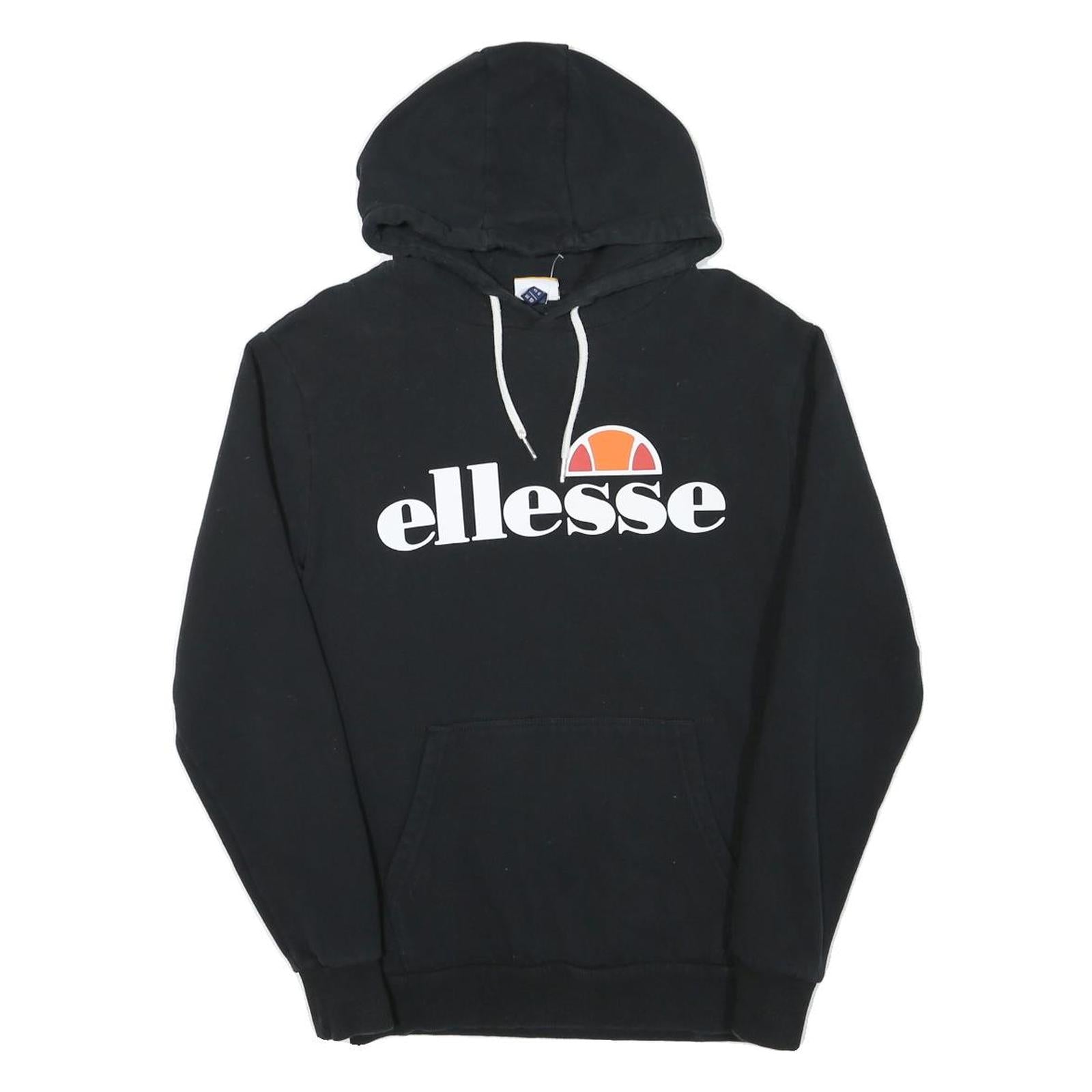 ELLESSE Womens Black Hoodie UK 10 Cotton Blend Logo Pullover Hooded Sweatshirt
