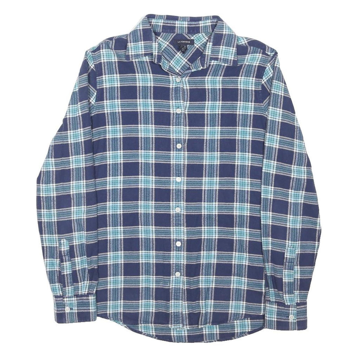 LANDS END Mens Blue & Green Checked Shirt S Cotton Blend Long Sleeve Button