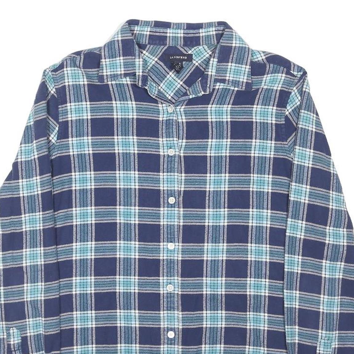 LANDS END Mens Blue & Green Checked Shirt S Cotton Blend Long Sleeve Button