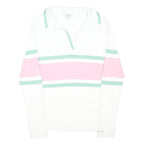 JOULES Womens White Green & Pink Stripe Long Sleeve Polo Shirt UK 14 Cotton