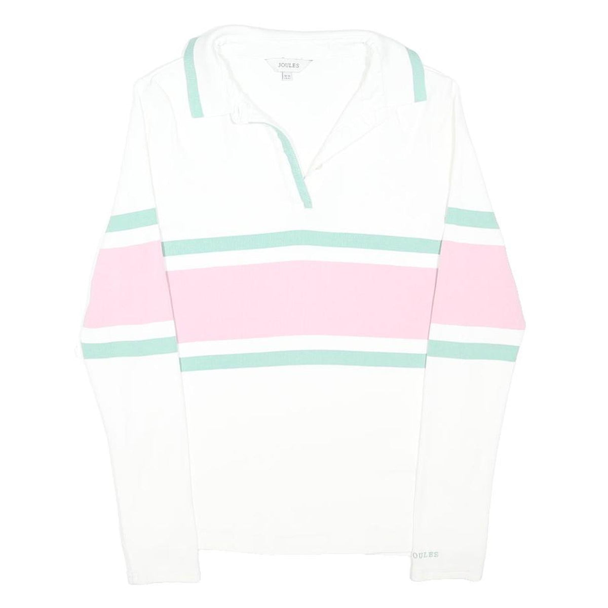 JOULES Womens White Green & Pink Stripe Long Sleeve Polo Shirt UK 14 Cotton