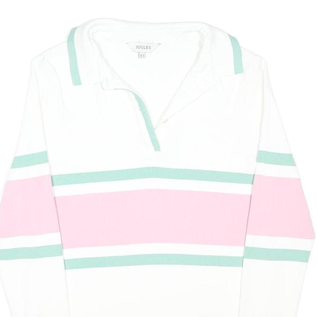 JOULES Womens White Green & Pink Stripe Long Sleeve Polo Shirt UK 14 Cotton