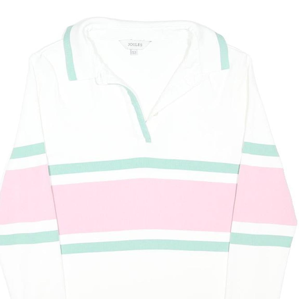 JOULES Womens White Green & Pink Stripe Long Sleeve Polo Shirt UK 14 Cotton