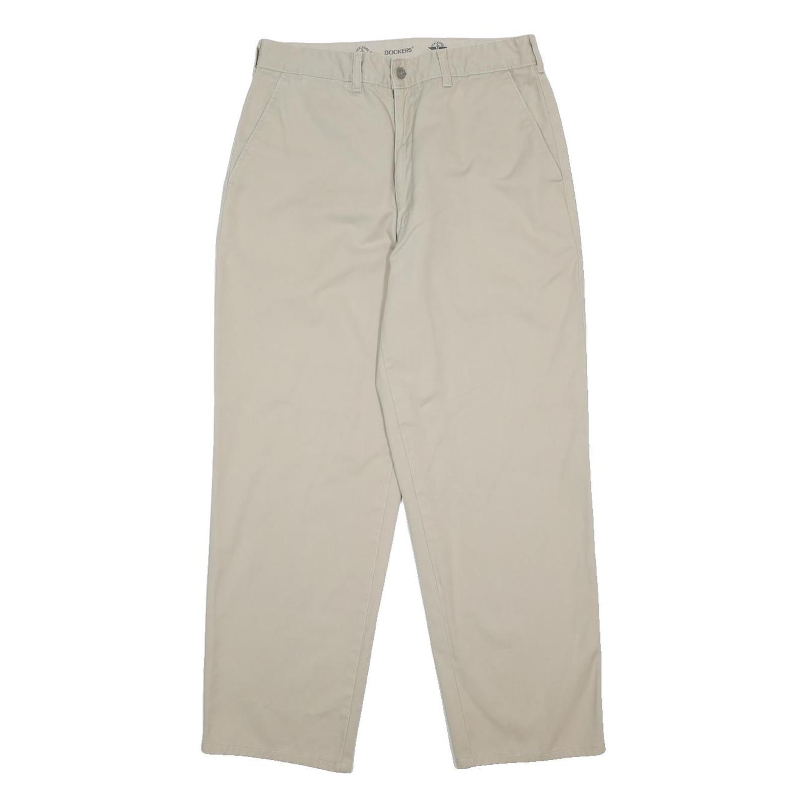 DOCKERS Mens Cotton Blend Beige Relaxed Straight Trousers W33 L28 Casual Zip