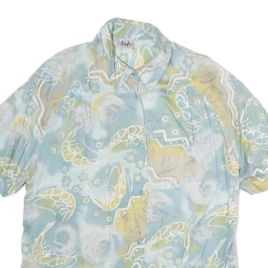 TODAY Womens Blue & Yellow Printed Shirt Short Sleeve Collared L Summer Top