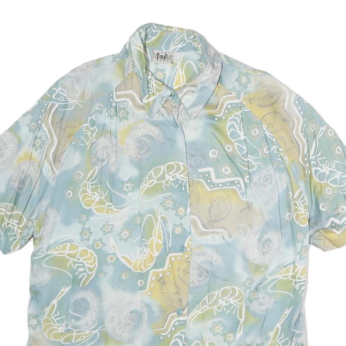 TODAY Womens Blue & Yellow Printed Shirt Short Sleeve Collared L Summer Top