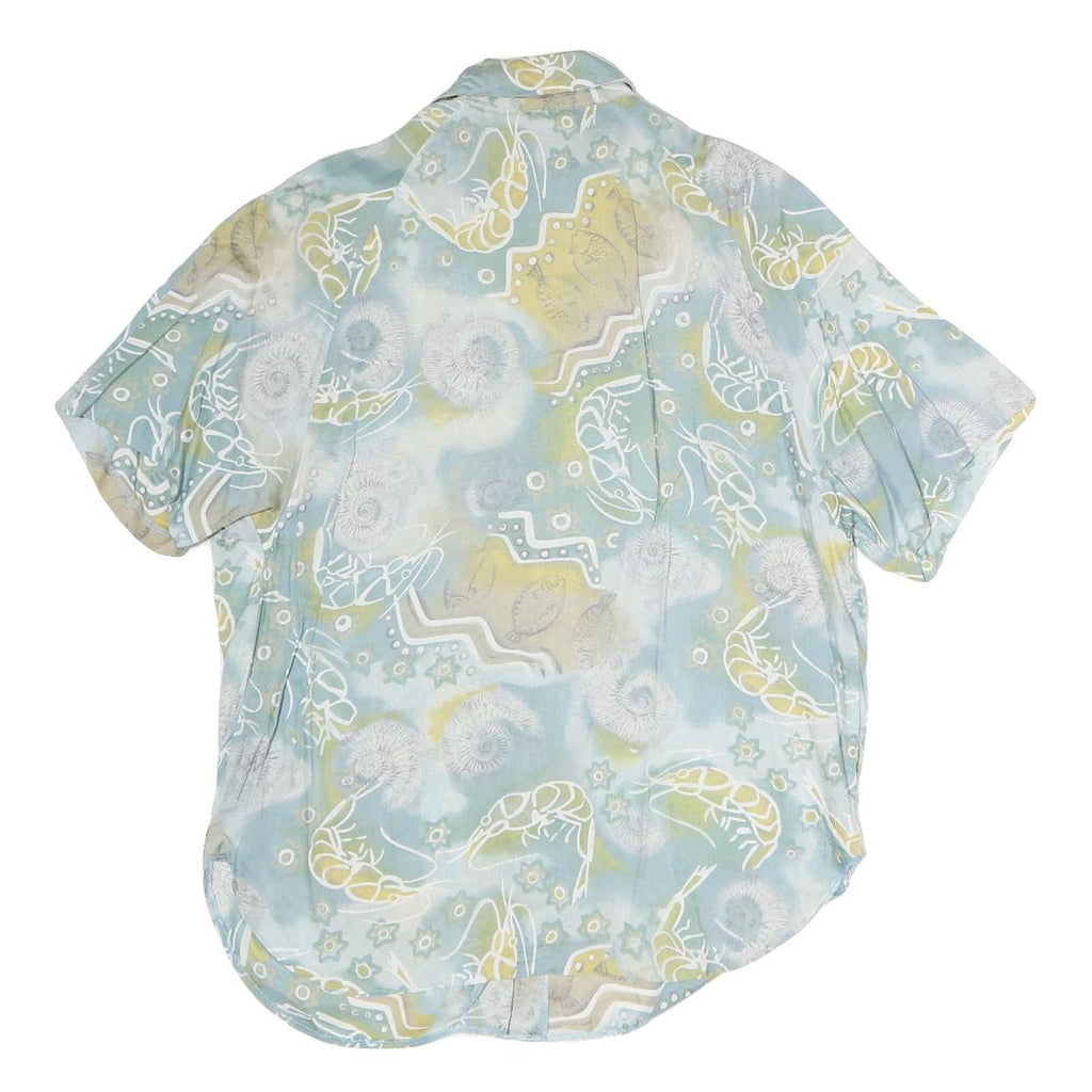 TODAY Womens Blue & Yellow Printed Shirt Short Sleeve Collared L Summer Top