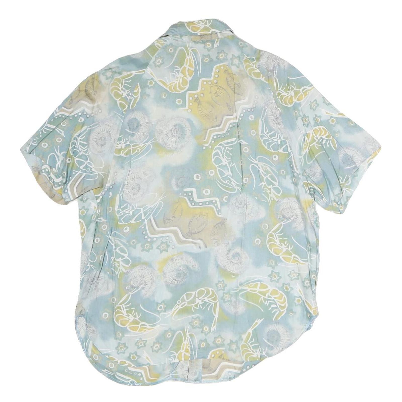 TODAY Womens Blue & Yellow Printed Shirt Short Sleeve Collared L Summer Top