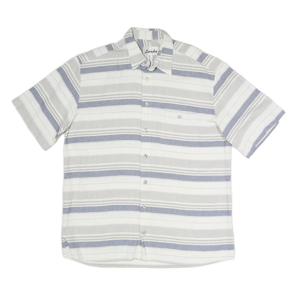 LEANDRO Mens White & Grey Strip Pattern Cotton Blend Short Sleeve Shirt L Casual