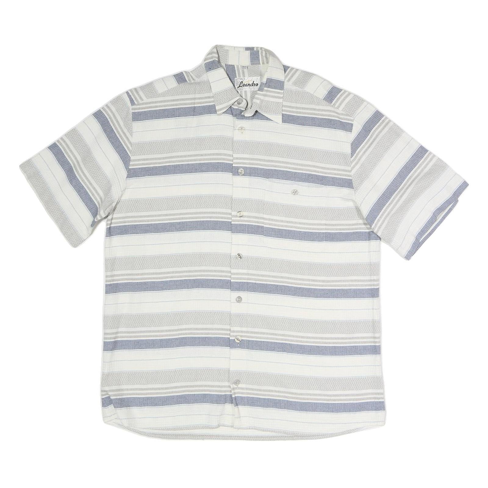 LEANDRO Mens White & Grey Strip Pattern Cotton Blend Short Sleeve Shirt L Casual