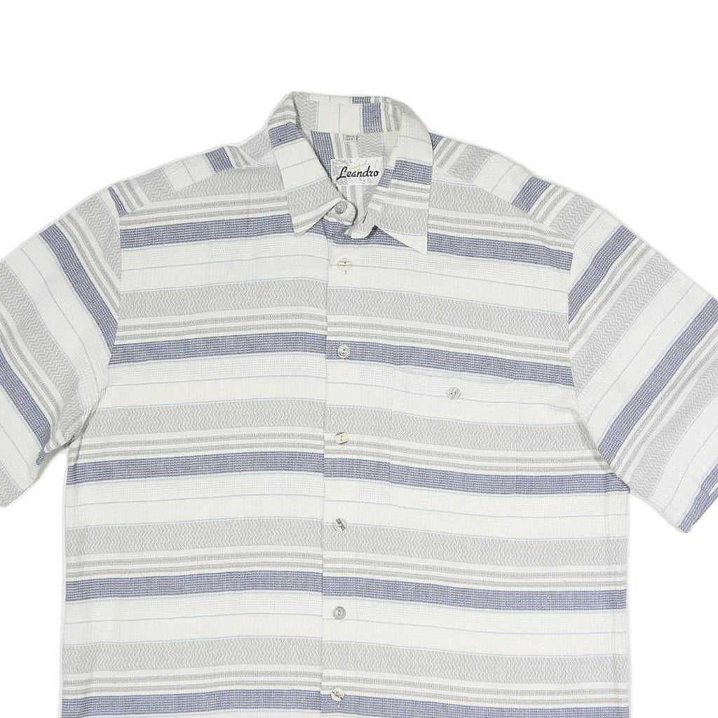 LEANDRO Mens White & Grey Strip Pattern Cotton Blend Short Sleeve Shirt L Casual