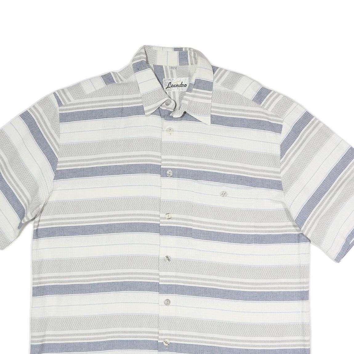 LEANDRO Mens White & Grey Strip Pattern Cotton Blend Short Sleeve Shirt L Casual