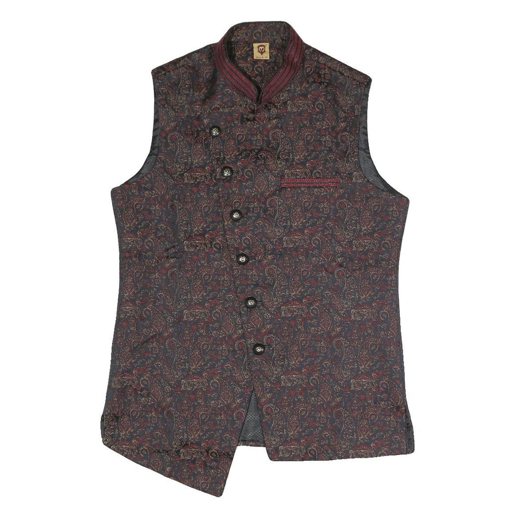 Mens Black & Maroon Patterned Button Jacket S Polyester Blend Woven Stand-Up