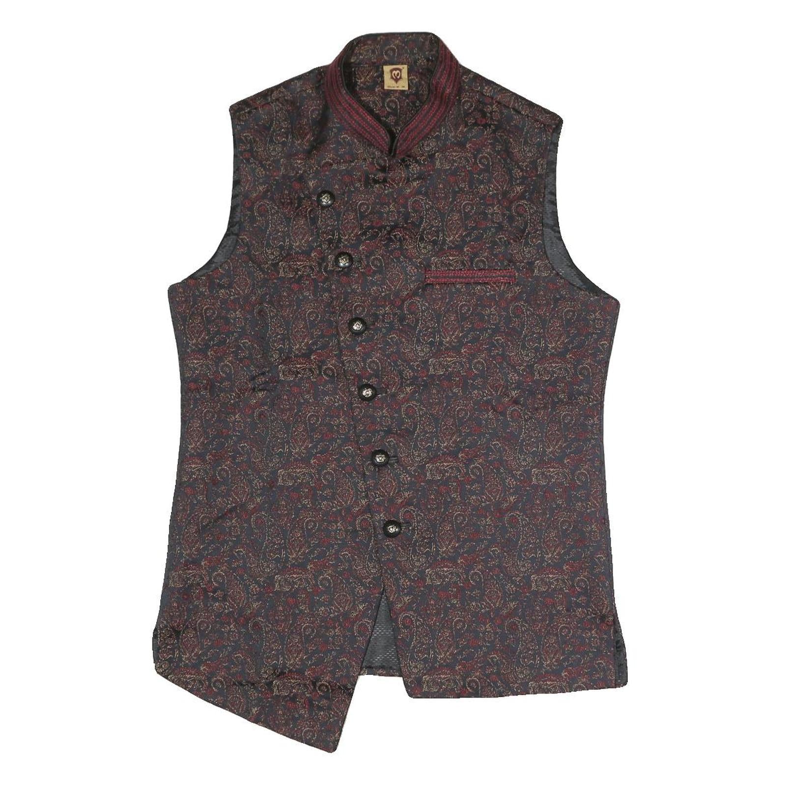 Mens Black & Maroon Patterned Button Jacket S Polyester Blend Woven Stand-Up