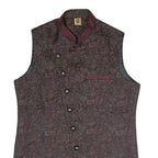 Mens Black & Maroon Patterned Button Jacket S Polyester Blend Woven Stand-Up