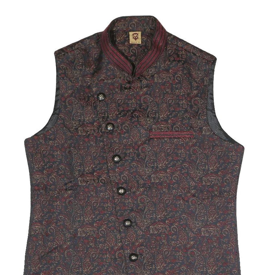 Mens Black & Maroon Patterned Button Jacket S Polyester Blend Woven Stand-Up