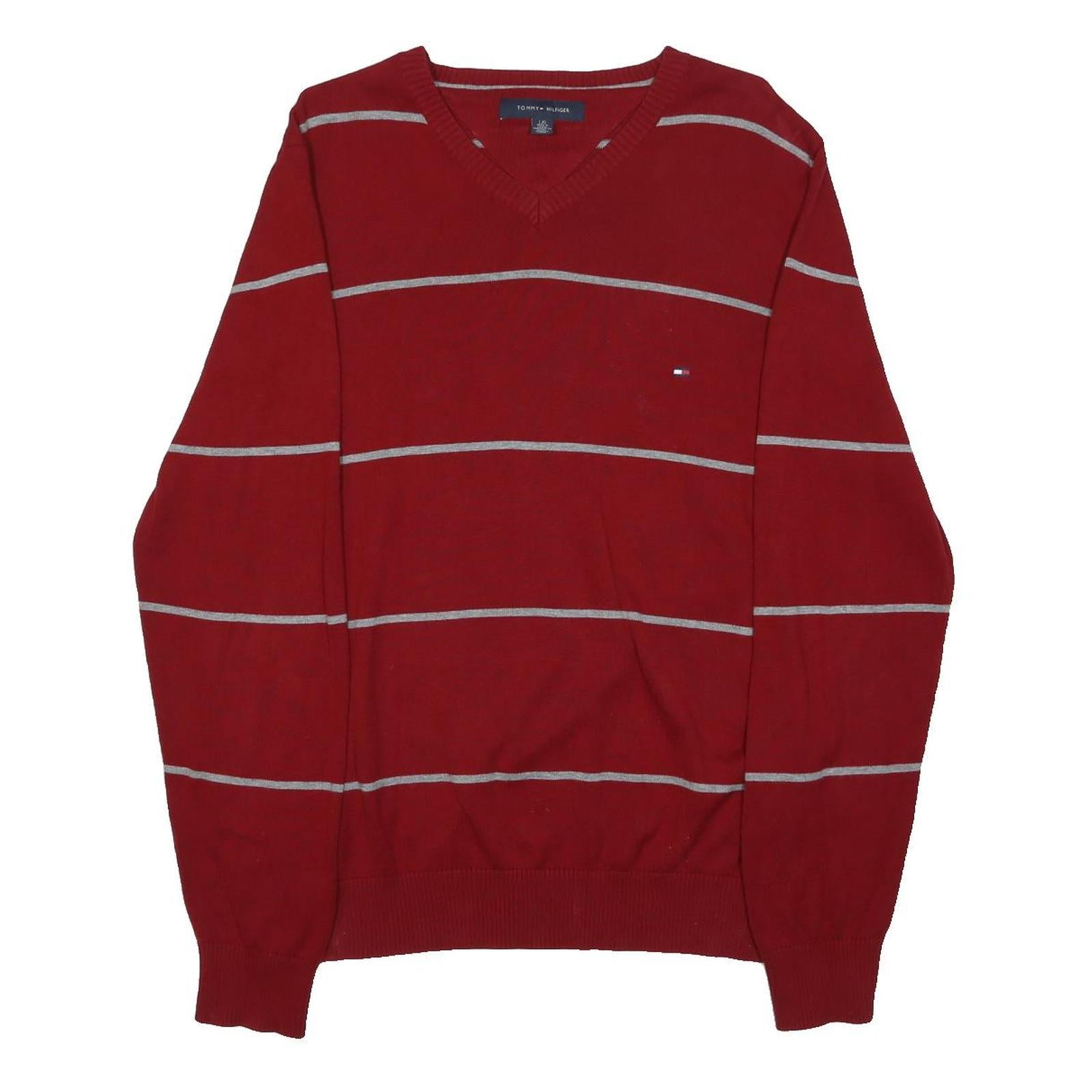 TOMMY HILFIGER Mens Red & Grey Patterned Jumper V-Neck Basic Knit L Casual