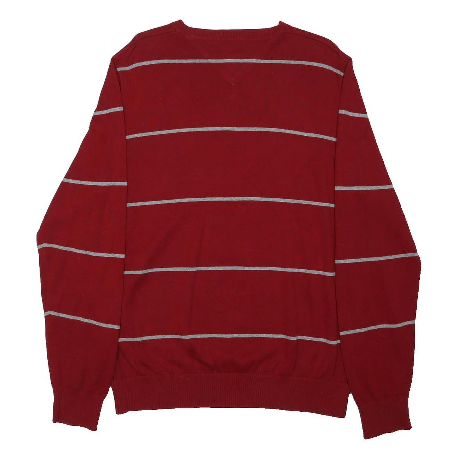 TOMMY HILFIGER Mens Red & Grey Patterned Jumper V-Neck Basic Knit L Casual