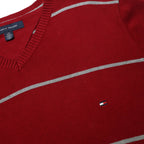 TOMMY HILFIGER Mens Red & Grey Patterned Jumper V-Neck Basic Knit L Casual
