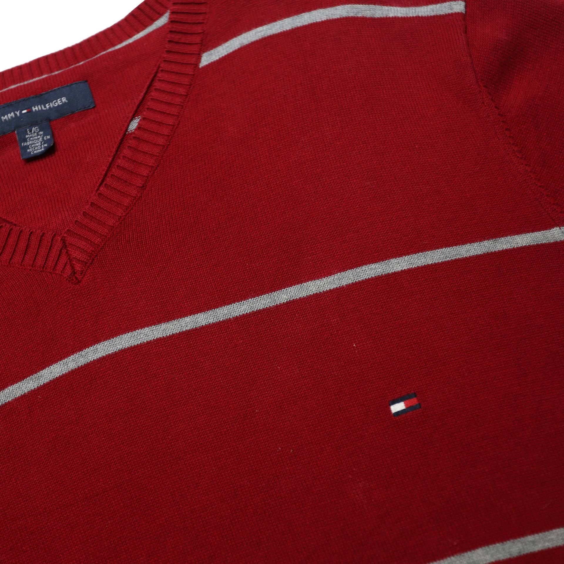 TOMMY HILFIGER Mens Red & Grey Patterned Jumper V-Neck Basic Knit L Casual